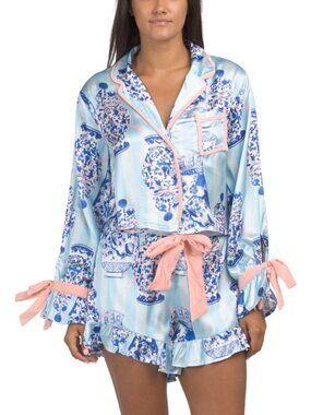 8 OAK LANE 2pc Satin Ruffle Ginger Jar Top And Shorts Pajama Set